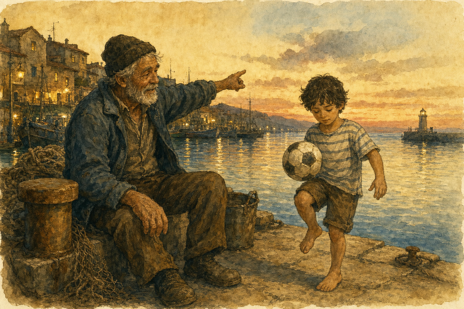 An old fisherman gestures toward the sea while a young boy juggles a soccer ball at dusk on the harbor dock