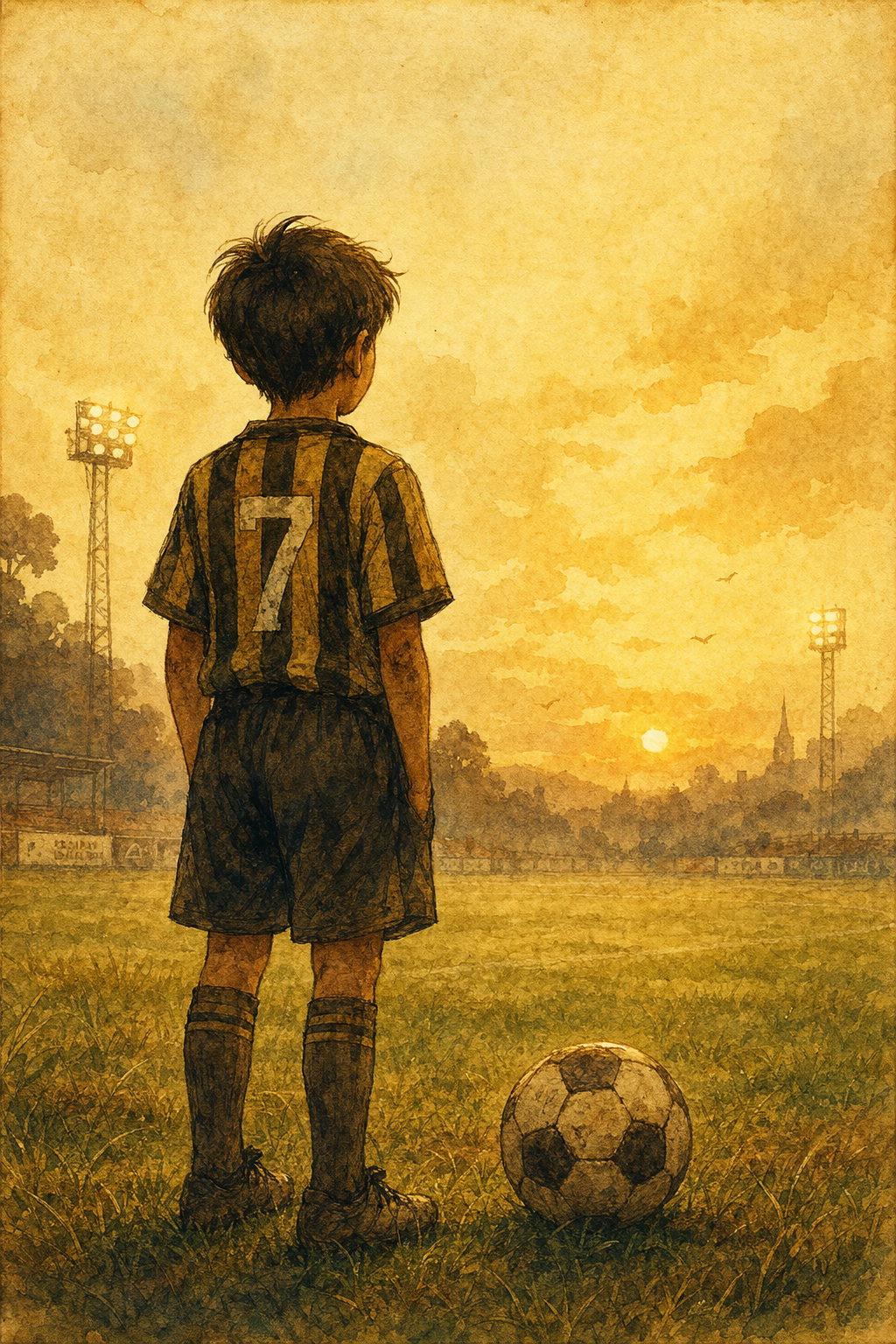 A young boy in a soccer jersey stands on a misty field at golden sunset, a worn soccer ball at his feet