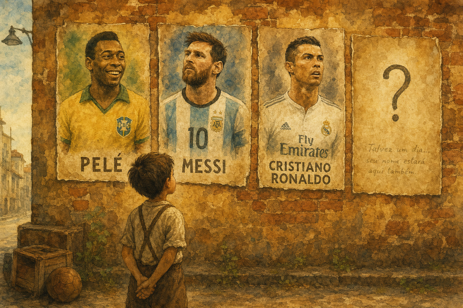 A child looks up at a wall of soccer legends including a mysterious unnamed figure