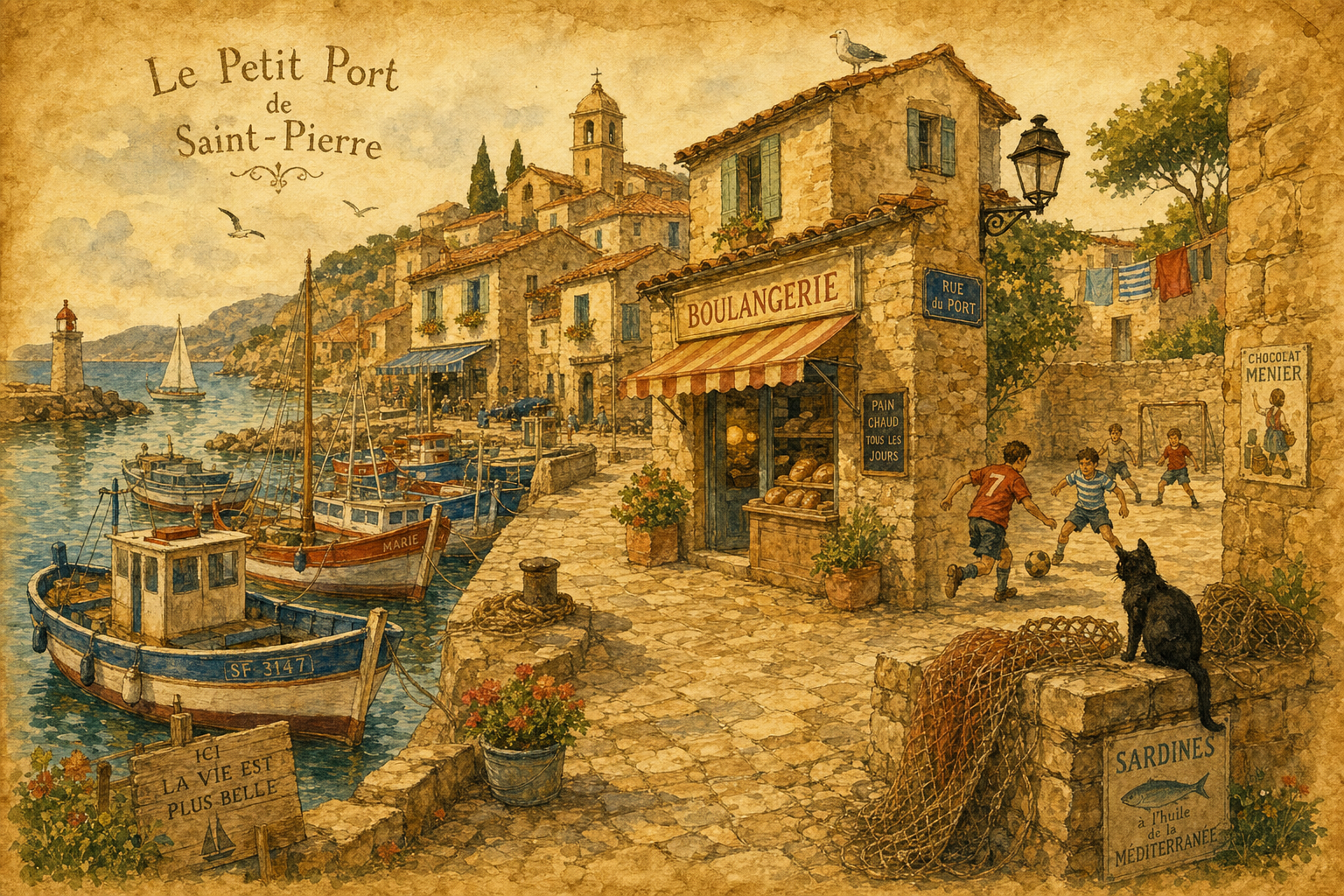 A charming French fishing village harbor with children playing soccer in the cobblestone streets
